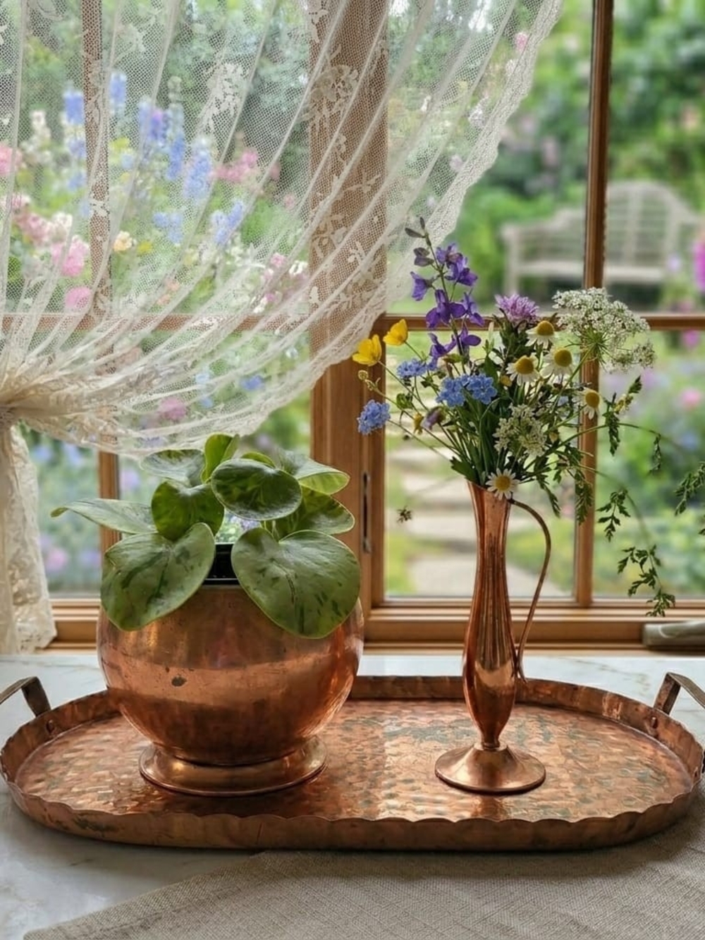 Vintage Mid-Century Copper Decor Bundle - Tray, Planter Pot & Bud Vase